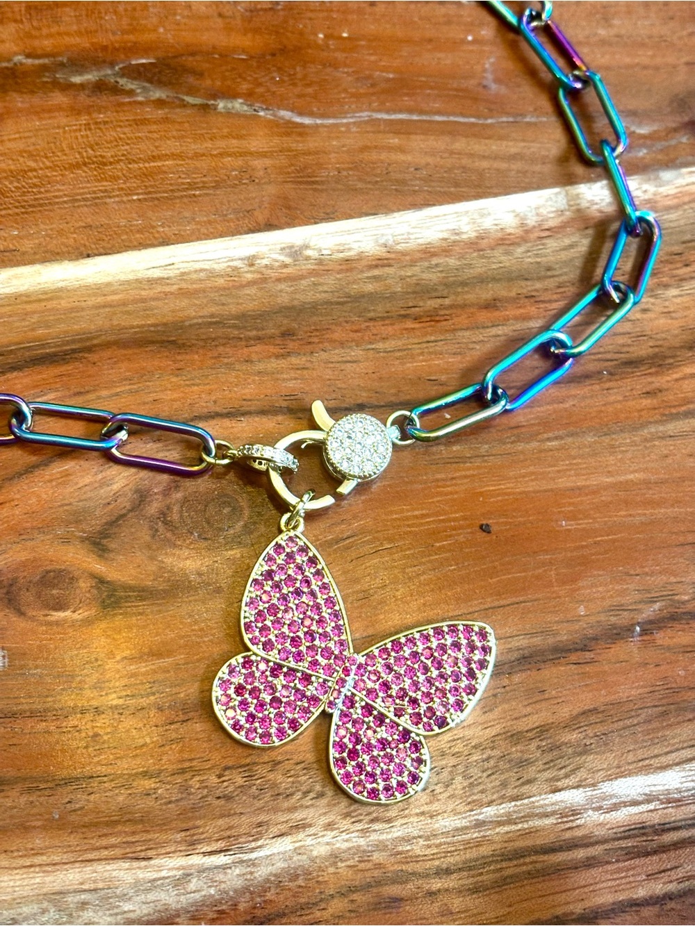 Treasure Jewels Iridescent Link Charm Necklace with Pink Crystal Butterfly